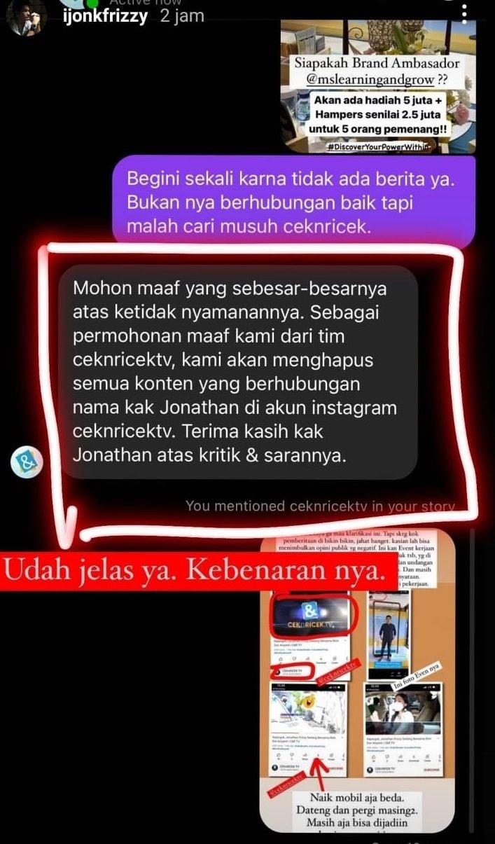 Media online Cek&Ricek meminta maaf kepada Jonathan Frizzy terkait pemberitaan yang dibuatnya.