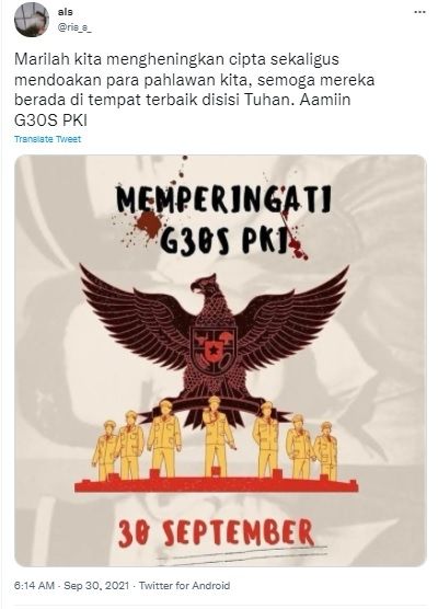 Cuitan warganet G30S/PKI jadi trending topic. [Twitter]