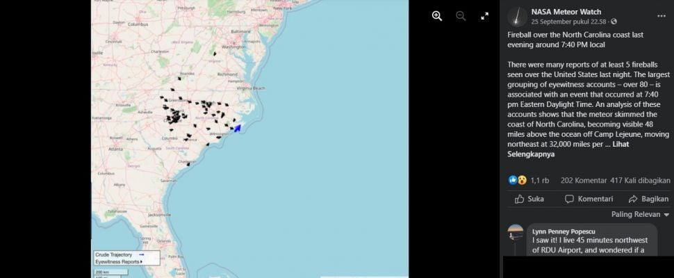 Lokasi meteor jatuh di North Carolina, Amerika Serikat. [Facebook]