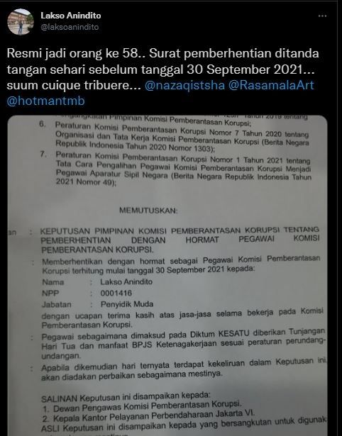 Lakso Andindito terima surat pemberhentian pegawai KPK. (Twitter/@laksoanindito)