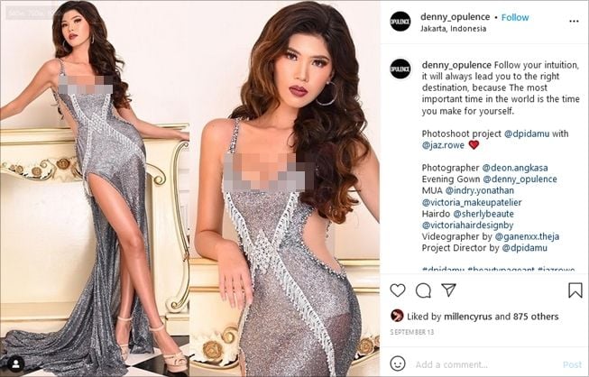 Gaun malam yang dikenakan oleh Millen Cyrus di puncak Miss Queen Indonesia 2021. (Instagram/@denny_opulence)