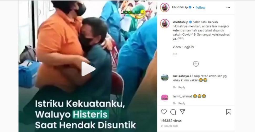 Viral Suami Peluk Erat Istri Saat Akan Divaksin, Gubernur Jawa Timur Ikut Komentar (Instagram)