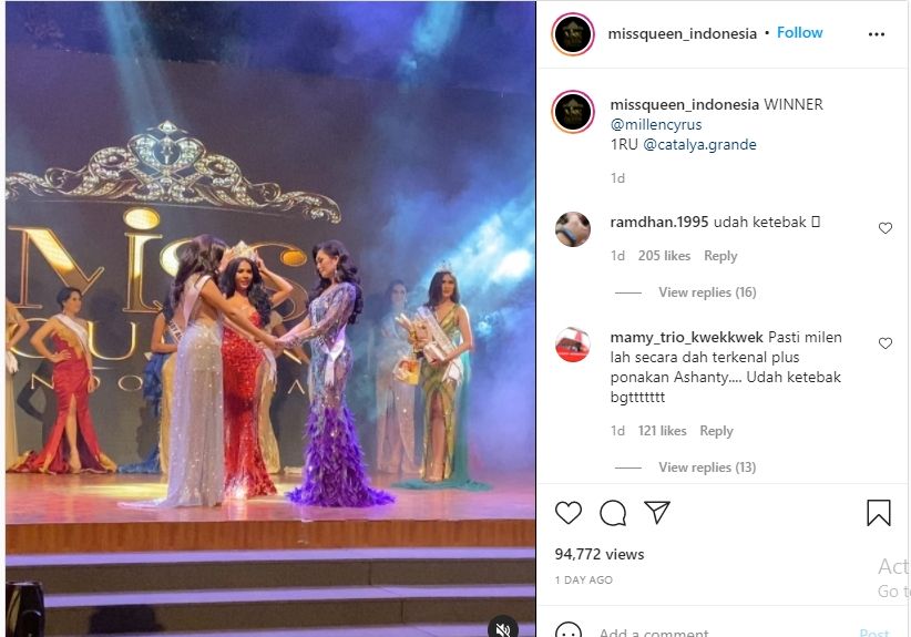 Kemenangan Millen Cyrus di Miss Queen Indonesia 2021 [Instagram/@missquee_indonesia]