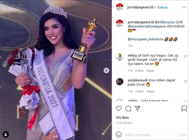 Momen kemenangan Millen Cyrus di ajang Miss Queen Indonesia 2021. (Instagram/@portalpageant.id)