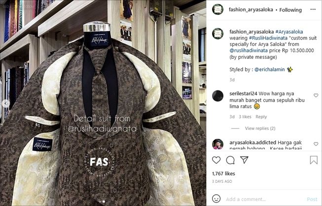 Detail outfit Arya Saloka untuk acara ITA 2021. (Instagram/@fashion_aryasaloka)