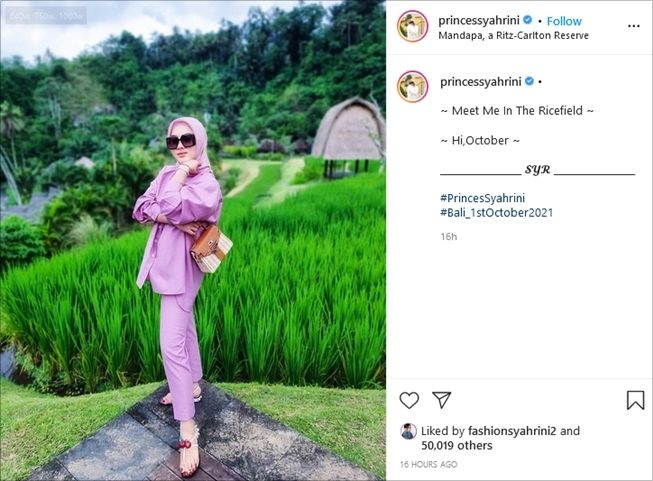 Syahrini pose cantik di tepi sawah, harga OOTD-nya mengejutkan. (Instagram/@PrincesSyahrini)