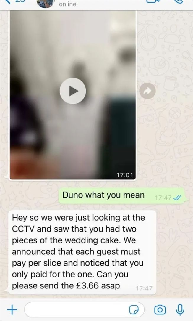 Viral pengantin minta tamu bayar usai tertangkap CCTV makan kue lebih. (Reddit)
