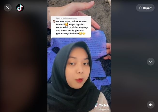 Viral wanita temukan surat cinta dalam botol yang ditulis 6 tahun lalu, warganet penasaran isinya. (TikTok/@typicarv)