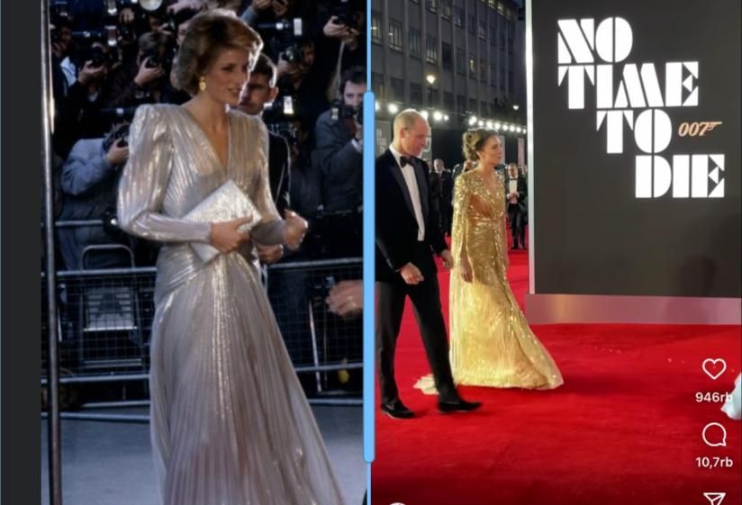 Gaun yang dikenakan Putri Diana dan Kate Middleton saat pemutaran perdana film James Bond (Kolase)