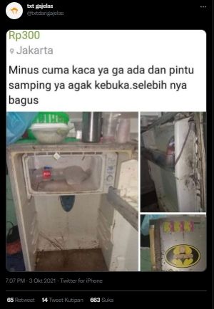 Warganet Ini Jual Kulkas Harga Rp300 Perak, Publik Ngelus Dada Baca Iklannya. (Twitter/@txtdarigajelas)