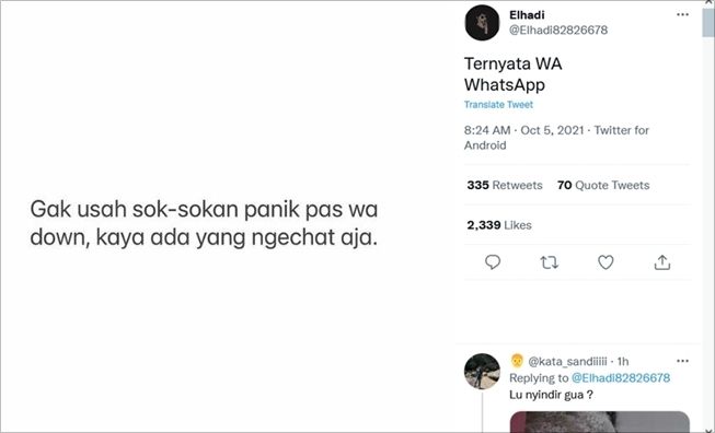 WhatsApp tumbang jadi trending, warganet bikin cuitan kocak hingga baper. (Twitter/@Elhadi82826678)