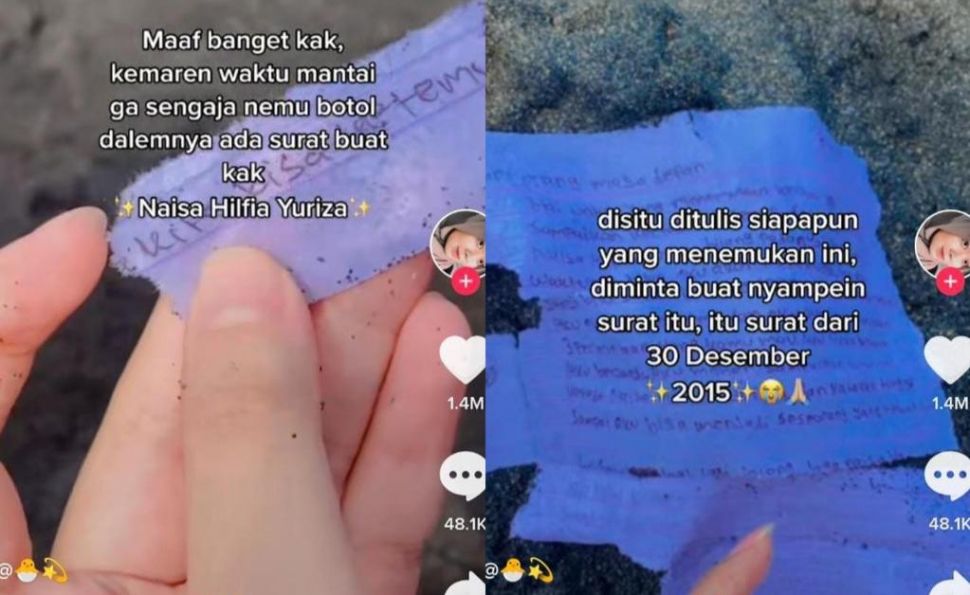 Warganet temuka botol berisi surat untuk Naisa Hilfia Yuriza (Dok. TikTok)