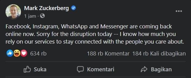 Postingan CEO Facebook, Mark Zuckerberg. [Facebook]