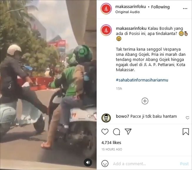 Viral driver ojol dan pengendara vespa ribut di jalan. (Instagram/@makassarinfoku)