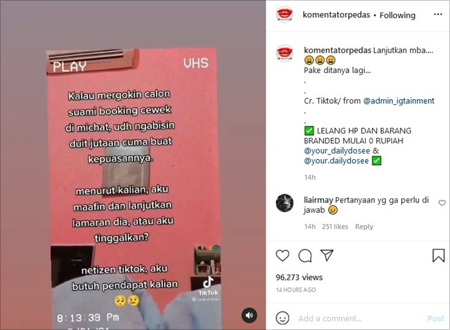 Viral wanita pergoki suami "jajan" cewek, curhatannya malah dicibir. (Instagram/@komentatorpedas)