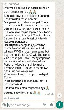 Isi chat dugaan ajakan persekusi yang dilakukan oknum RW di Taman Permata Buana, Kembangan, Jakarta Barat. [Ist]