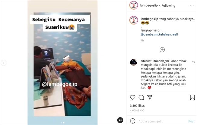 Viral kisah istri tak kunjung hamil, respons suaminya bikin emosi. (Instagram/@lambegosiip)