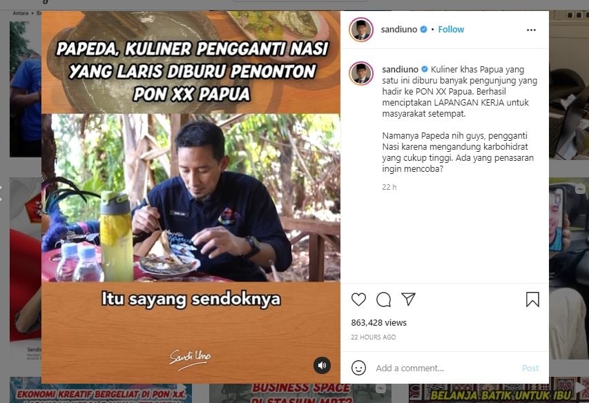 Sandiaga Uno Unggah Video Santap Papeda, Publik Malah Salfok Pas Dengar Kalimat Ini. (Instagram/@sandiuno)