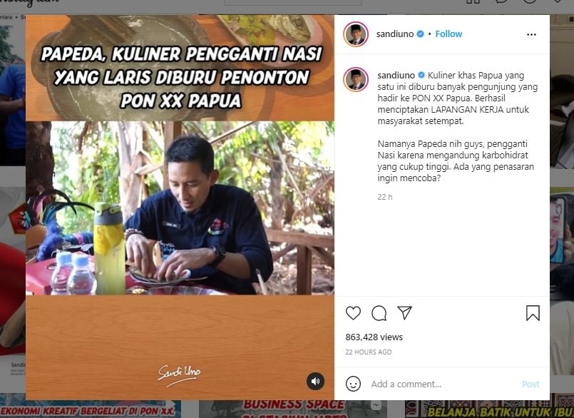 Sandiaga Uno Unggah Video Santap Papeda, Publik Malah Salfok Pas Dengar Kalimat Ini. (Instagram/@sandiuno)