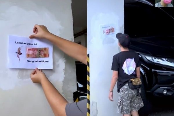 Viral Cowok Pose Anime Demi Ambil Uang di Tembok Parkiran. (TikTok)