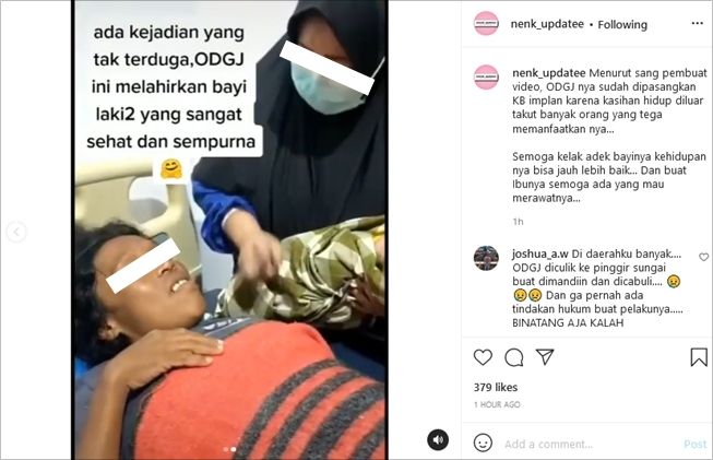 Viral ODGJ melahirkan dibantu bidan. (Instagram/@nenk_updatee)