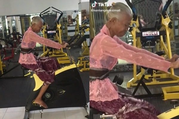 Viral Nenek Pakai Kebaya Fitness di Gym. (TikTok)