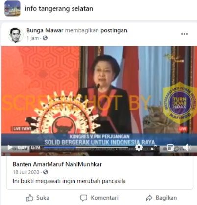 CEK FAKTA Video Ini Bukti Megawati Soekarnoputri Ingin Ubah Pancasila. (Turnbackhoax.id)
