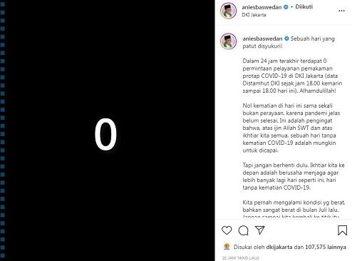 Postingan Gubernur DKI Jakarta terkait nihil permintaan pelayanan pemakaman protap COVID-19 di DKI, Kamis (7/10/2021). [Instagram@aniesbaswedan]
