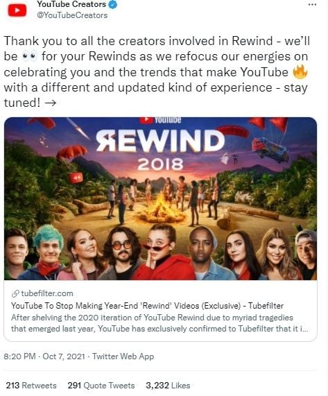 Postingan soal akhir YouTube Rewind. [Twitter]