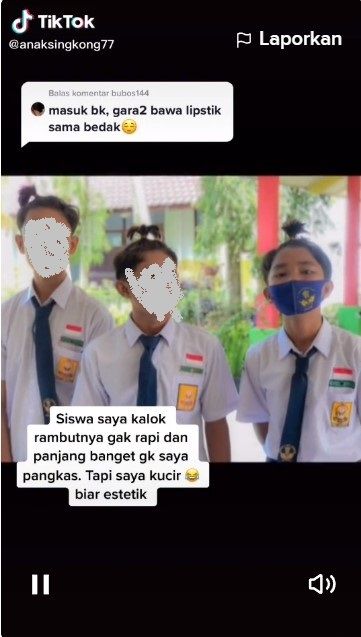 Tangkapan layar siswa yang memiliki rambut panjang mendapat hukuman dari gurunya. [TikTok]