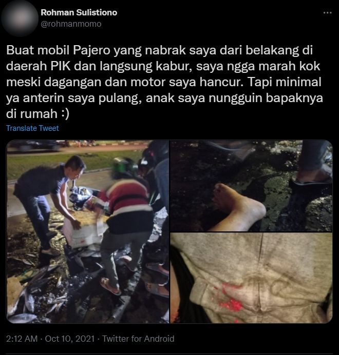 Pemotor jadi korban tabrak lari diduga diseruduk Mitsubishi Pajero. (Twitter)