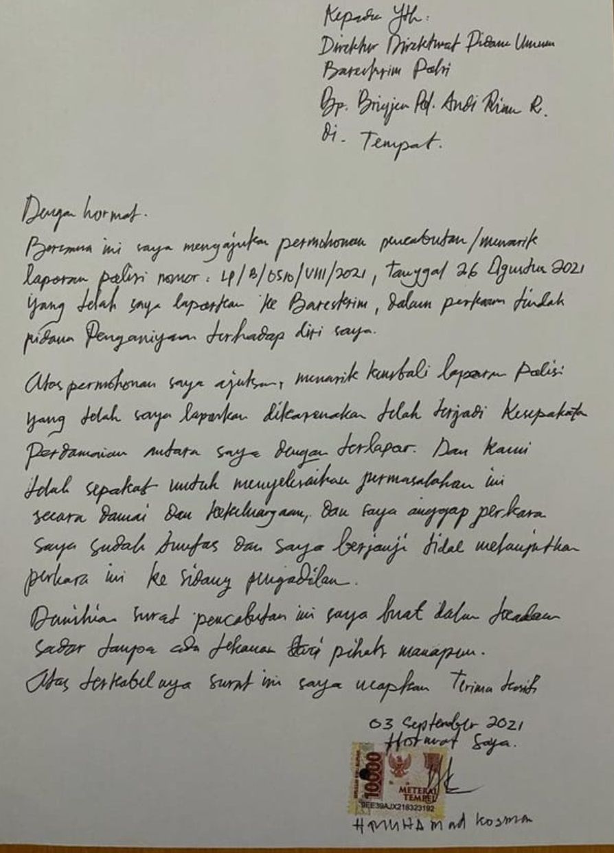 Surat permohonan maaf tersangka kasus penodaan agama Muhammad Kece terhadap Irjen Pol Napoleon Bonaparte [screenshot, Ist].