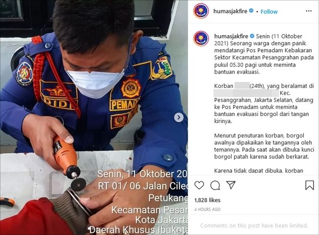 Viral Warga Pagi-Pagi Datangi Damkar karena Diborgol Teman (Instagram/@humasjakfire)