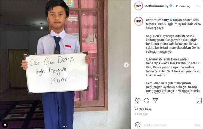 Viral bocah SMP bercita-cita jadi kurir, alasannya sangat mengharukan. (Instagram/@actforhumanity)