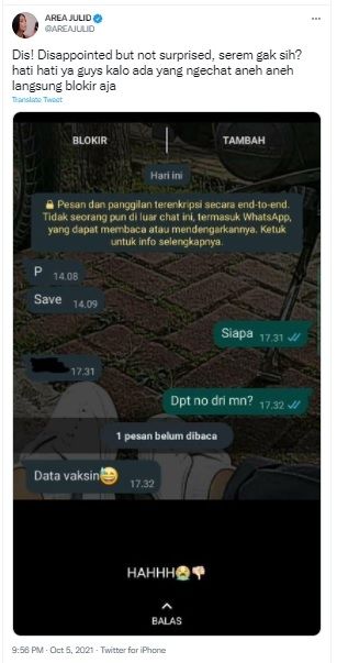 Data pribadi peserta vaksin Covid-19 disalahartikan. [Twitter]