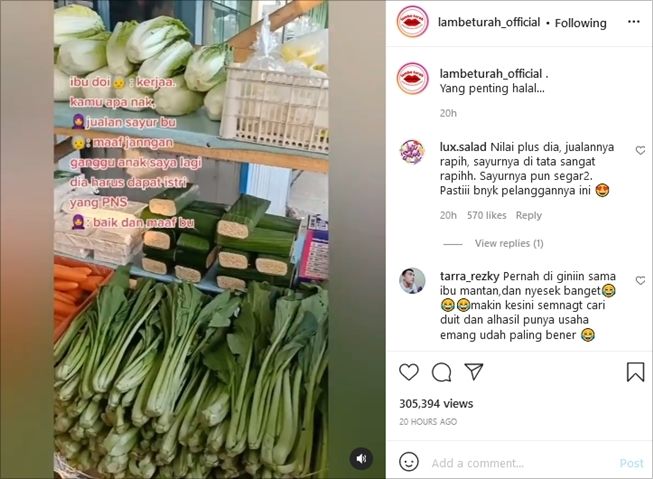 Viral cerita cinta tak direstui karena cuma dagang sayur, tabungan wanita ini ternyata mengejutkan. (Instagram/@lambeturah_official)