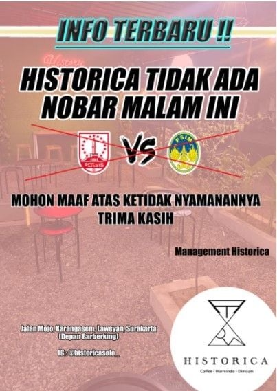 Poster rencana nonton bareng (nobar) Persis Solo versus PSIM Yogyakarta yang akhirnya dibatalkan. [dok]