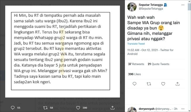 Viral warga keluhkan kelakuan ibu RT. (Twitter/@SeputarTetangga)