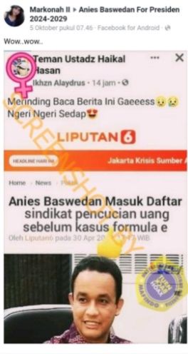 CEK FAKTA Anies Baswedan Masuk Daftar Sindikat Pencucian Uang Sebelum Formula E. (Turnbackhoax.id)