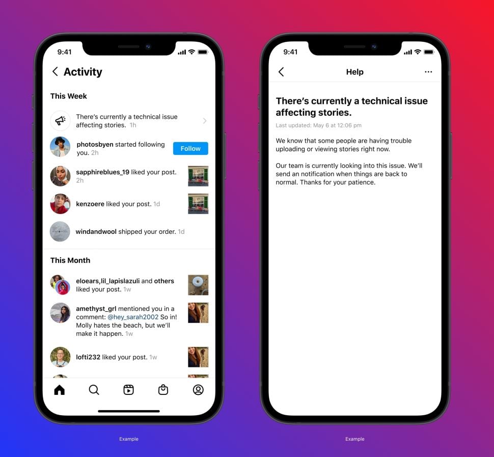 Fitur baru Instagram, memberitahu jika aplikasi gangguan (down). [Instagram]