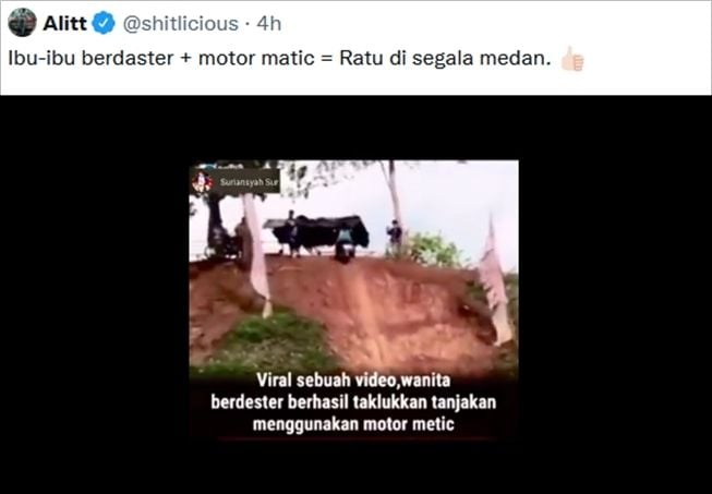 Viral aksi wanita berdaster taklukan tanjakan terjal. (Twitter/@shitlicious)