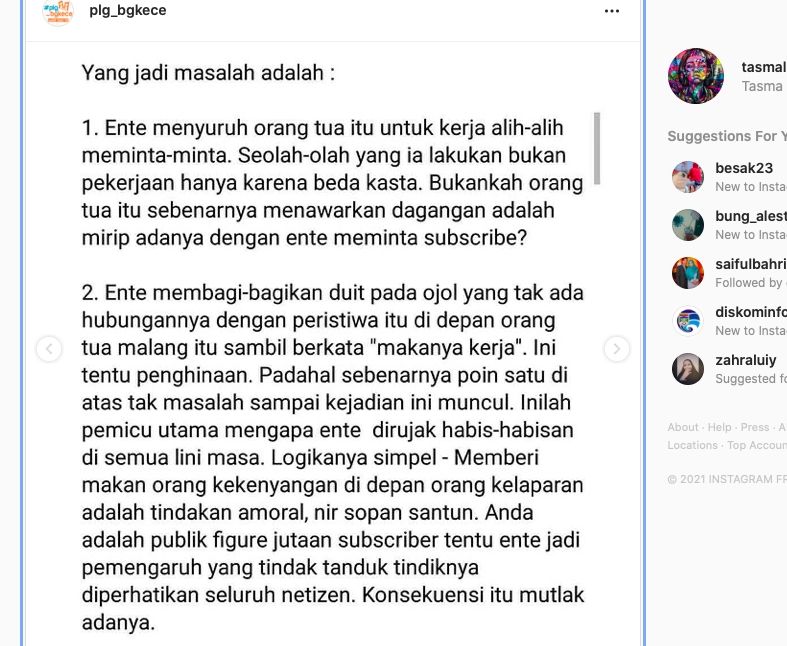 Surat terbuka untuk Baim Wong [Instagram]