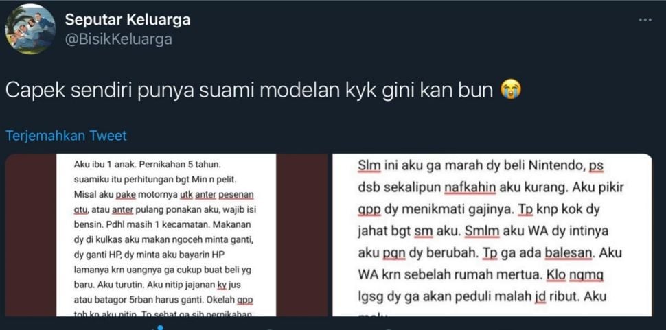 Viral jeritan hati istri di Twitter (Twitter/bisikkeluarga)