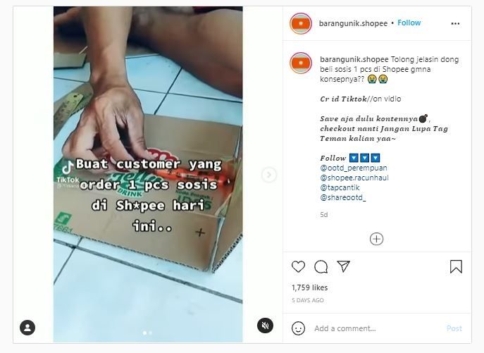 Pesan sosis 1 batang lewat e-commerce (Instagram @barangunik.shopee)