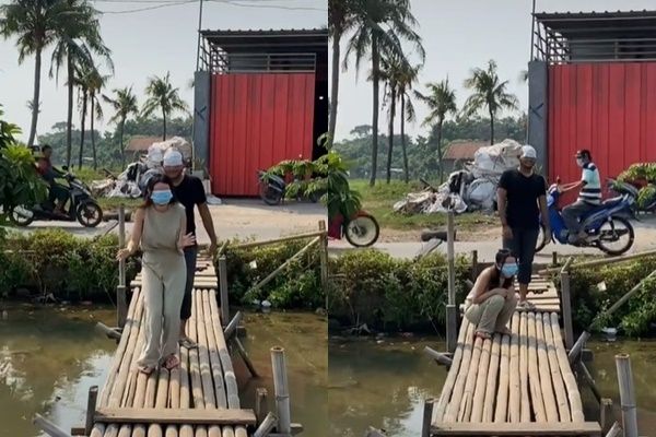 Viral Sejoli Menyeberang Jembatan Mata Ditutup Pakai Masker. (TikTok)