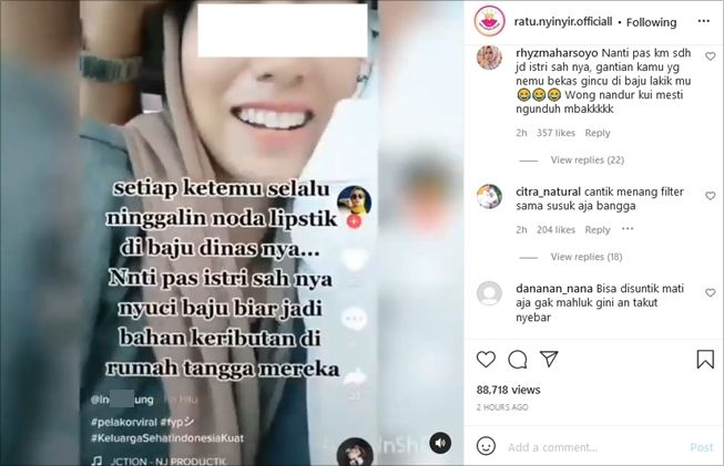 Viral pengakuan pelakor sengaja tinggalkan noda lipstik. (Instagram/@ratu.nyinyir.officiall)