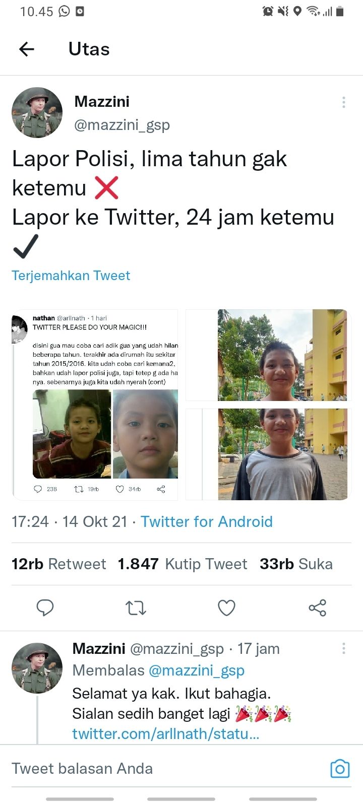 Bocah laki-laki akhinya ditemukan setelah hilang hampir 5 tahun. Anak hilang ini ditemukan netizen. (Tangkapan layar/Twitter)