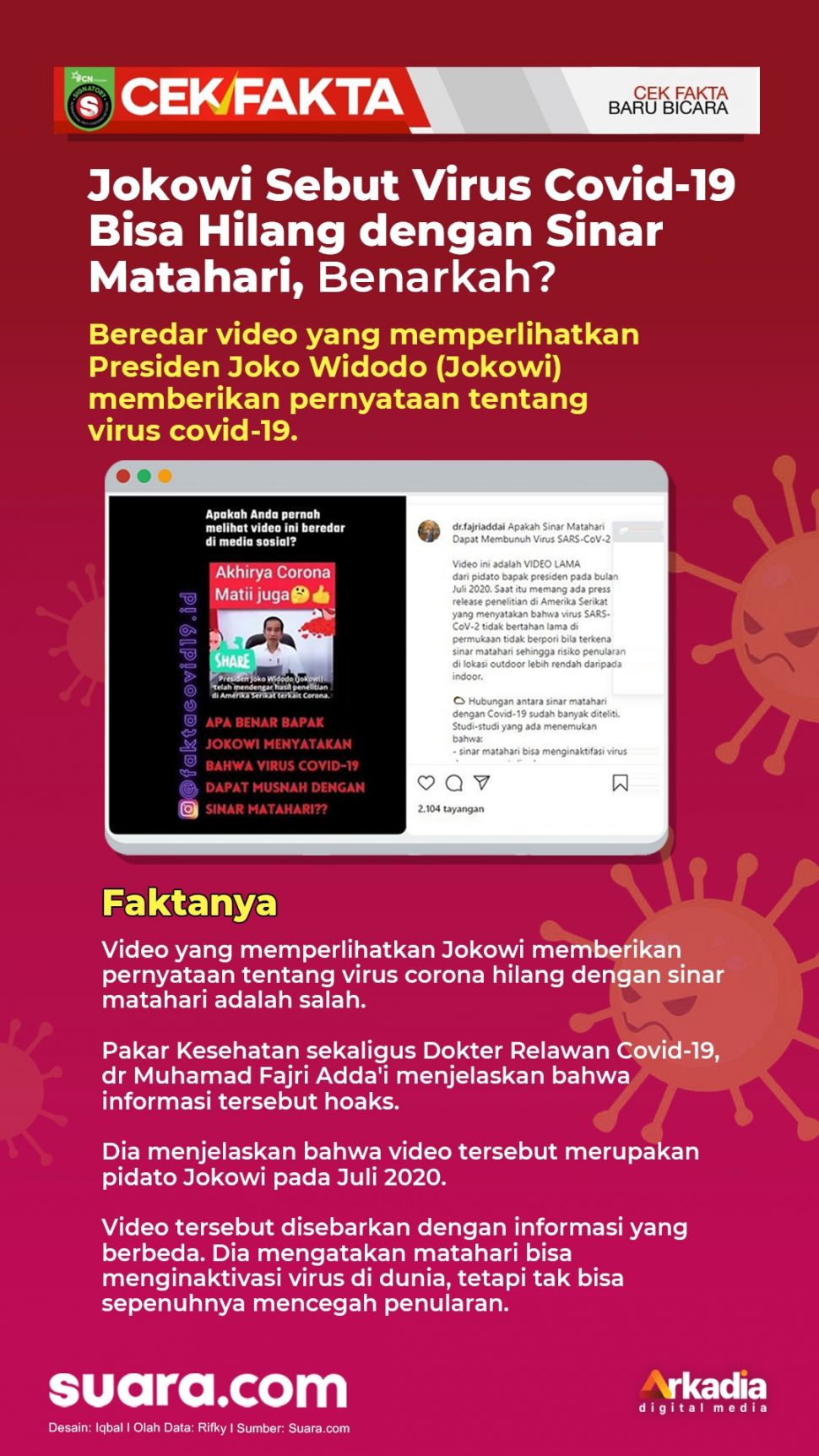 Dalam video tersebut, Jokowi menyatakan bahwa virus corona dapat hilang dengan sinar matahari.