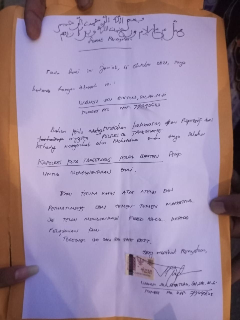 Surat pernyataan Kapolresta Tangerang Kombes Pol Wahyu Sri Bintoro, Jumat (15/10/2021). [BantenNews.co.id]