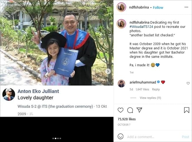 Viral wanita rayakan wisuda di makam ayah. (Instagram/@ndflshabrina)